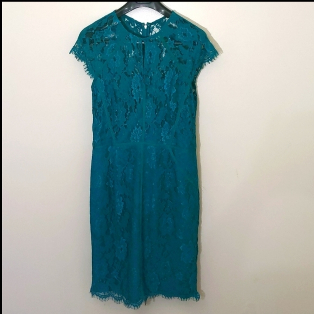 Monique L'Huillier| Green Lace Dress over Strapless Bustier Slip Back Zippered - Picture 3 of 16